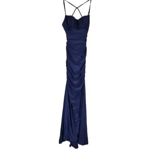 LA FEMME 29873 Wrap Strappy Back Jersey Gown navy blue - Picture 5 of 9